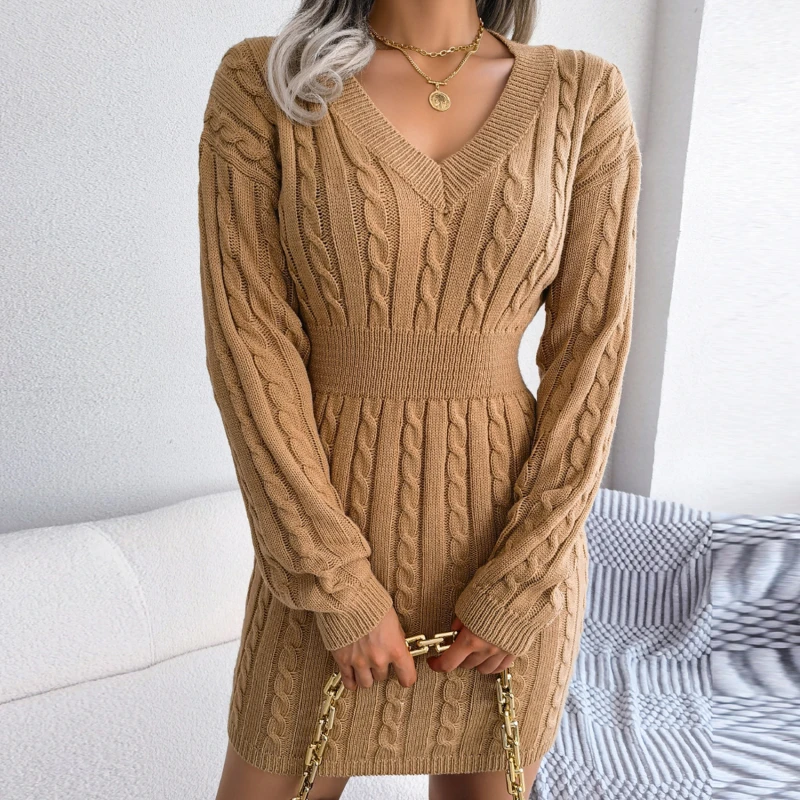 

Fashion Twist Knit Sweater Dress For Women Autumn Dresses 2022 New Winter V-neck Full Sleeve Waist Pack Hip Mini Dress
