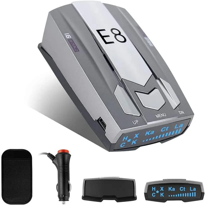 

Update Car Radar Detector 16 Band Voice Alert E8 Anti Speed Radar Signal Detection LED Display 360 Degrees Car Speed Test System