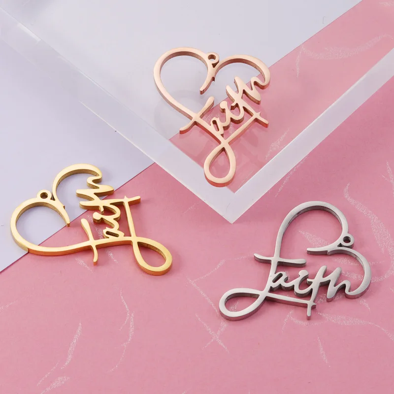 5pcs Stainless Steel Mirror Polish Heart Hollow Out FAITH Letter Pendant Wholesale DIY Couple Jewelry Making Finding Accessories