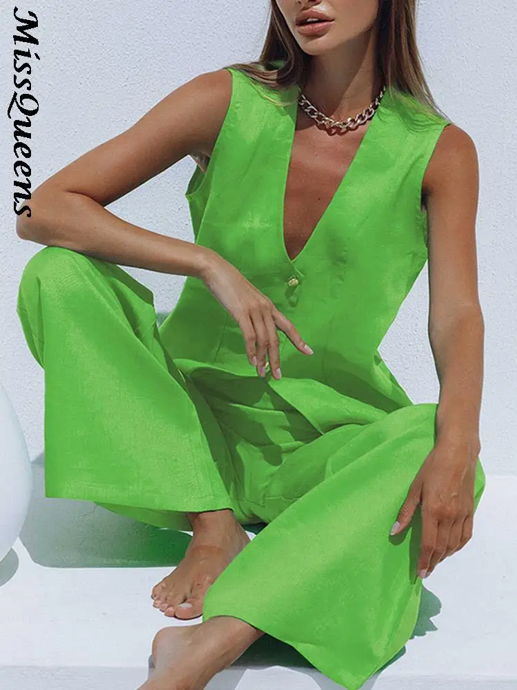 Женские офисные костюмы из хлопка и льна жилет без рукавов с V-образным вырезом