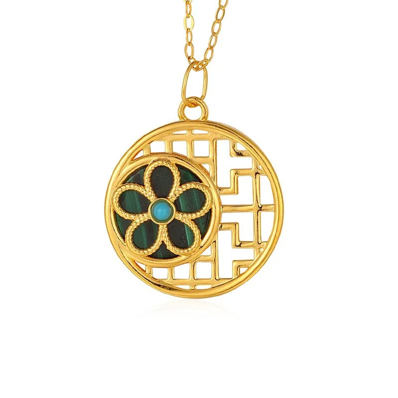 

ZHIXINY Fine Jewelry Real 18K Gold Pendant Necklace Malachite Pure Au750 Chain Party Gift For Women D648