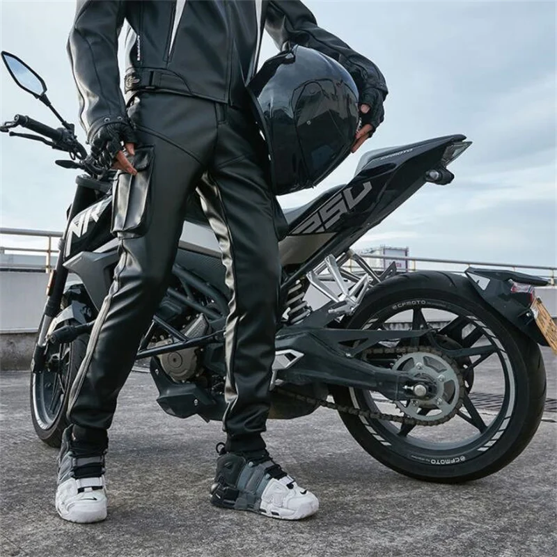 Plus Velvet Thick Leather Pants Mens Feet Pu Trousers Fashion Motorcycle Personality Pantalon Homme Winter Black