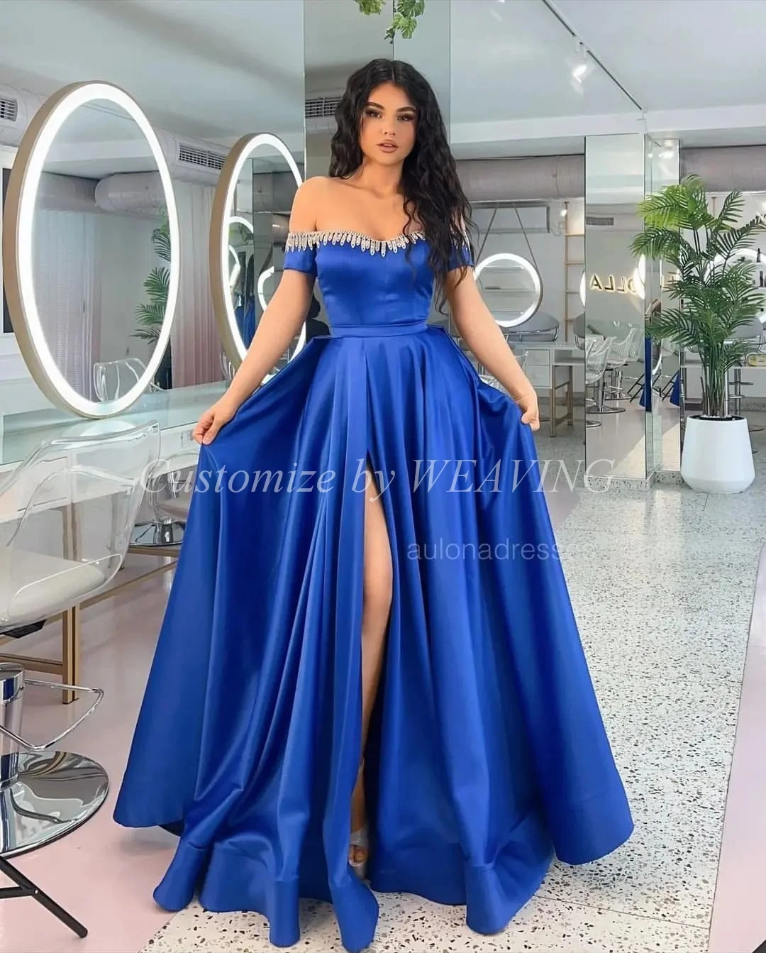 

Royal Blue Satin Long Prom Dresses Off the Shoulder Beadings Front Split Saudi Arabic Women Evening Gowns Formal Party Dress