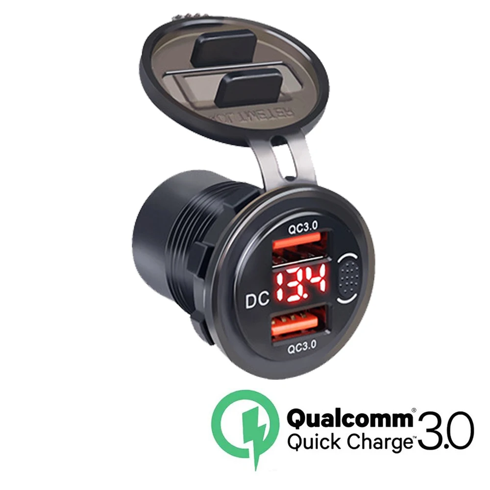 Автомобильное зарядное устройство QC3.0, двойной USB-разъем прикуривателя, водонепроницаемое с переключателем вольтметра, адаптер для быстрой зарядки, 12/24 В, автомобильные аксессуары