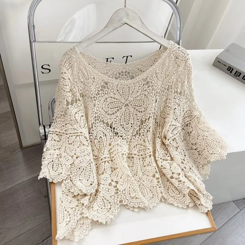 2023 New Crocheted Hollow-out Short Blouse Sun Protection Top Versatile Cotton Loose Pullover Wholesale