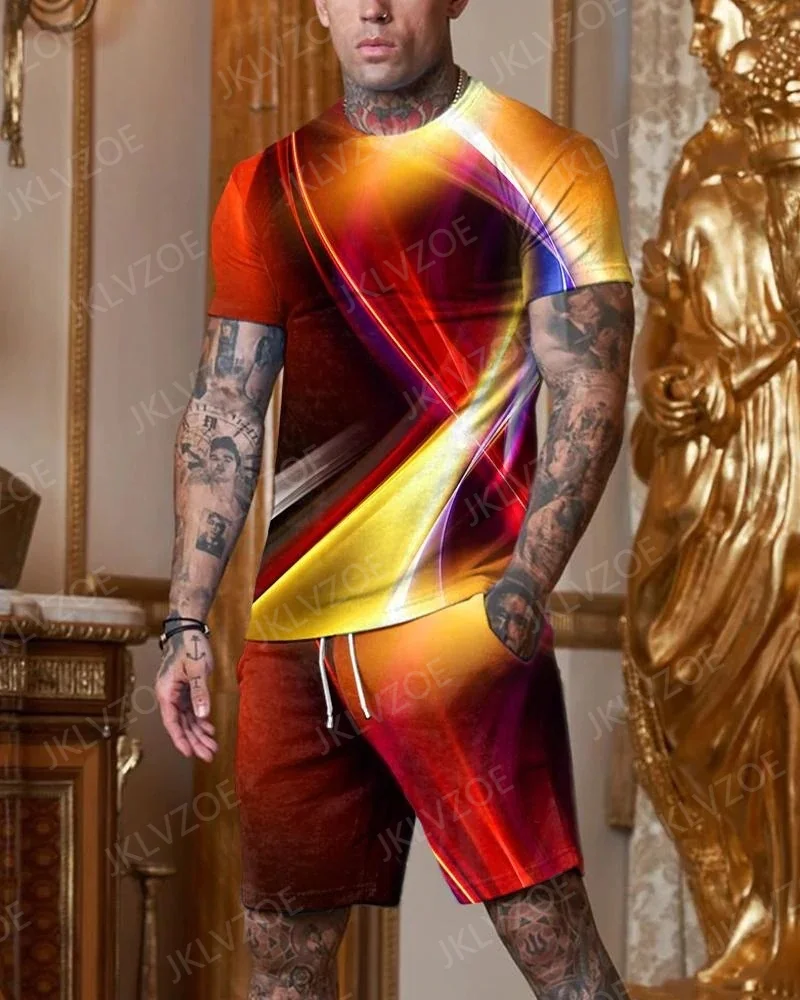 

2023 Summer Casual Men Suit T-Shirt Shorts 2 Piece Sets Tracksuit Men’s Oversized Clothes VIntage Sportswear Stripes 3D Printed