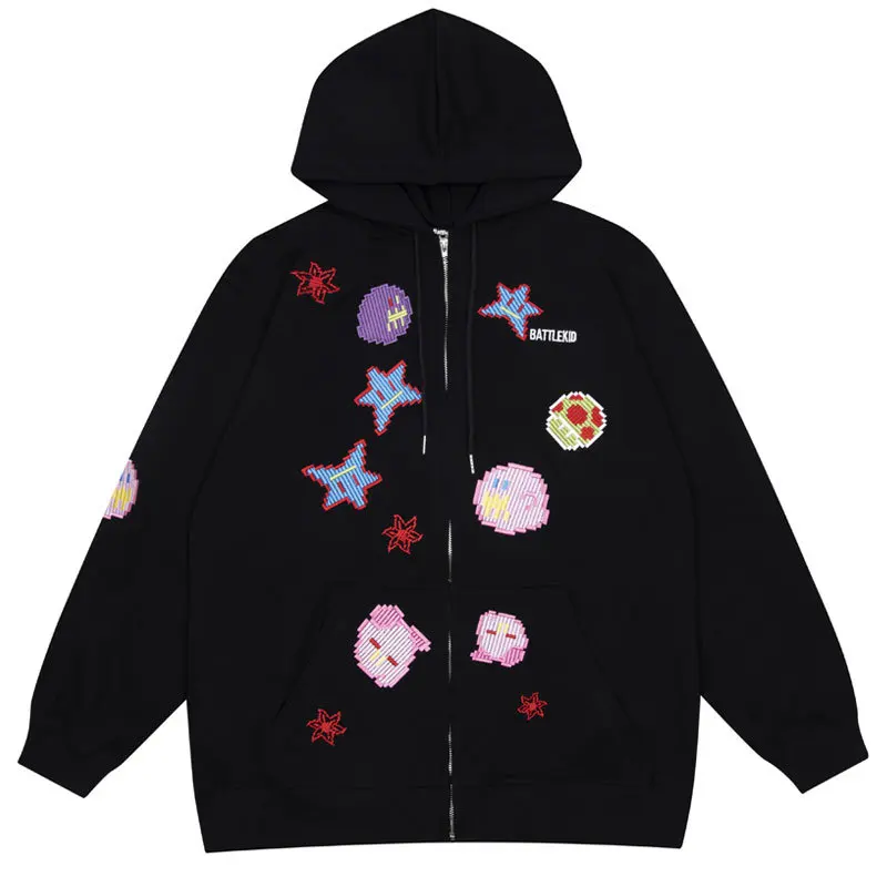

Hip Hop Zip Up Hoodie Sweatshirt Y2K Harajuku Embroidery Pixel Pattern Pullover Oversized Hooded Jacket Coat Fashion Loose Tops