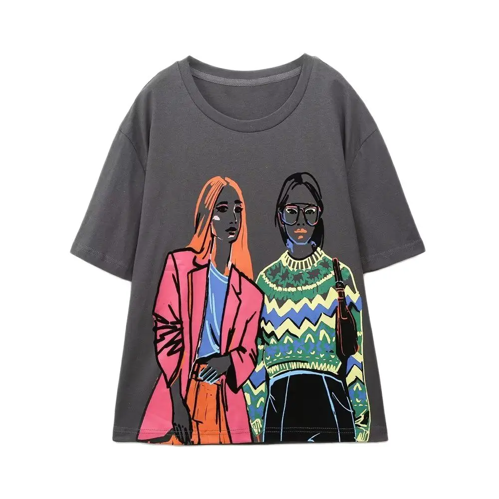 

PB&ZA Women's T-shirt O-Neck Casual Cartoon Pattern Pullover Loose Short Sleeve Print Clothes Summer Female Shirt Top 2023Spring
