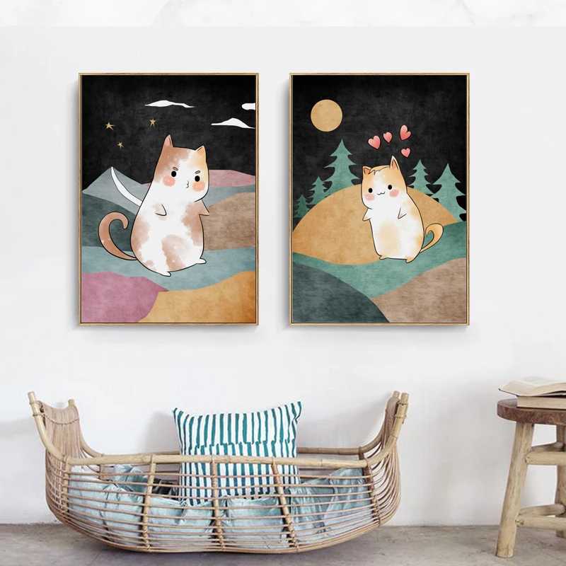 

Простой мультяшный постер в скандинавском стиле ручная роспись с милой кошкой для детской комнаты Печать на холсте Настенный декор для дет...