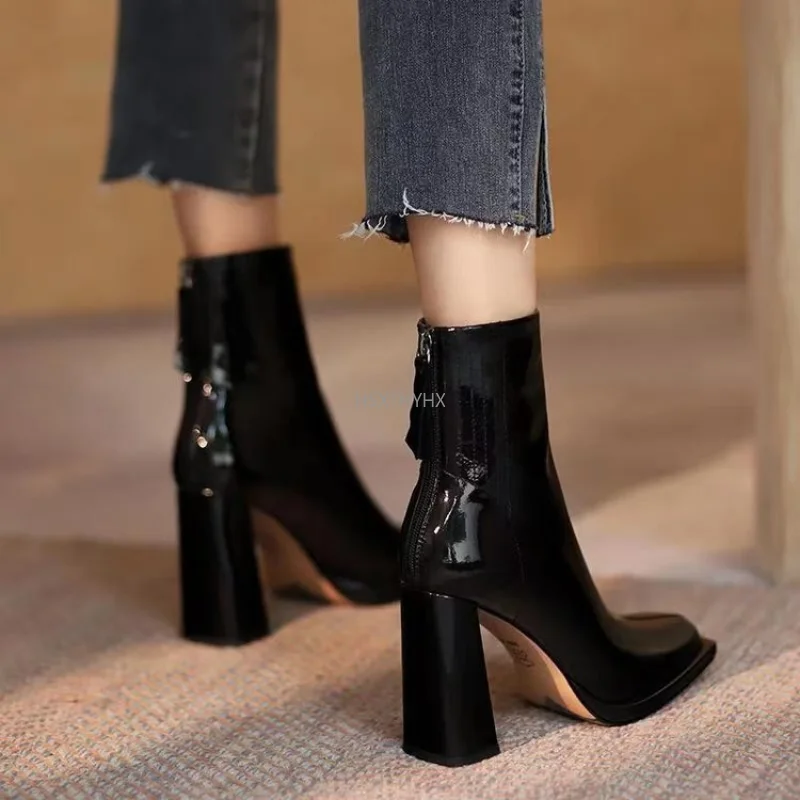 

Super High Heels Women Ankle Boots 2022 Autumn Winter New Square Toe Patent Leather Handmade Zip Short Boots Female Zapatos