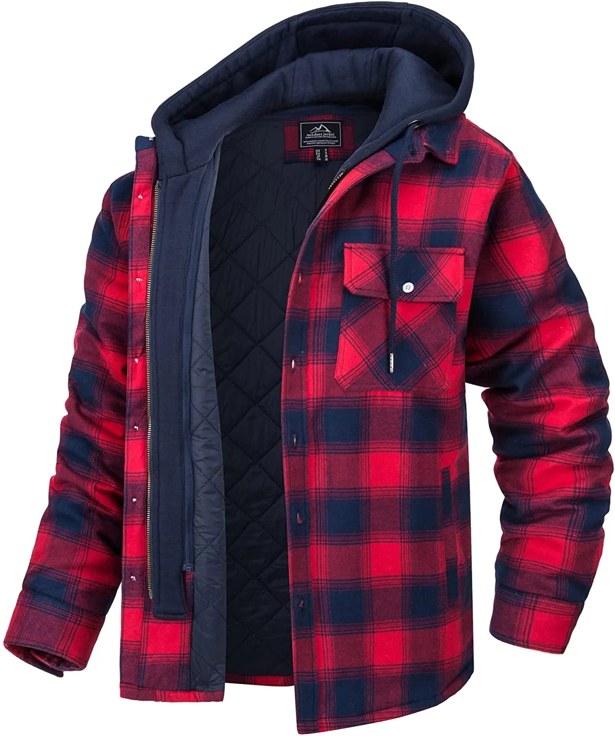 Men's Flannel Shirt Warm Jacket With Removable Hood Plaid Quilted Lined Winter Coats