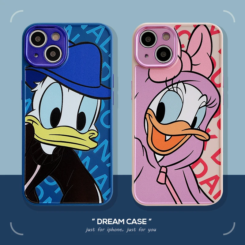 

Disney Donald Duck Plating Lens Protection Phone Case For iPhone 13 12 11 Pro Max XR XS MAX 8 X 7 SE Couple Anti-drop Soft Cover