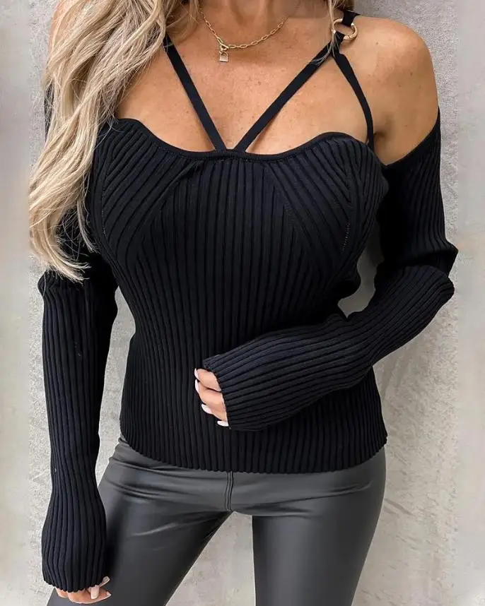 

2022 Fashionable New Popular Women's Sexy Casual O-Ring Cold Shoulder Long Sleeve Knitted Top
