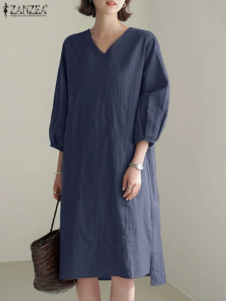 

Женское платье с V-образным вырезом и рукавом 3/4 Sundress2022 ZANZEA осеннее элегантное однотонное офисное платье Стильное свободное вечернее Повсед...