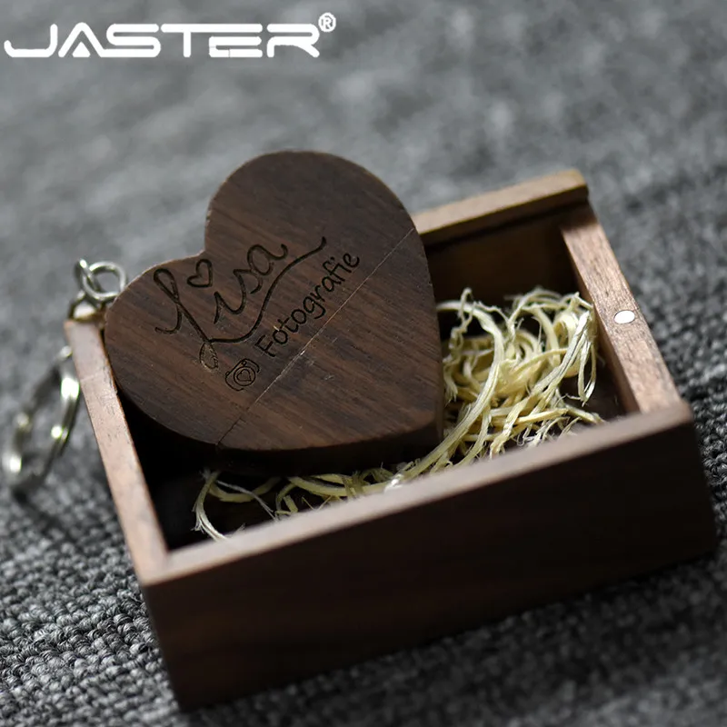 JASTER (free custom logo) walnut wooden heart + gift box USB flash drive creative pendrive 8GB 16GB 32GB 64GB memory | Компьютеры и