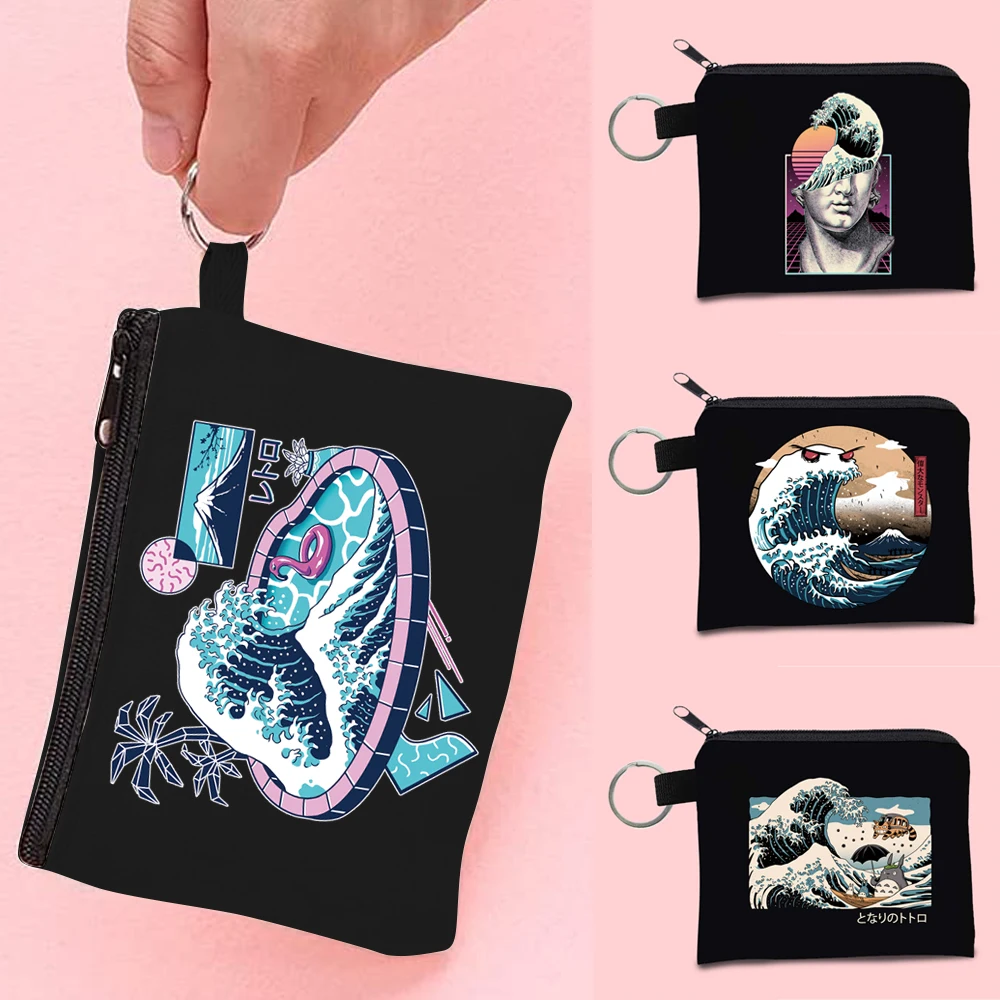 

Coin Purse Small Women Makeup Bag Zipper Card Package Mini Wallet for Girls Wave Printing Pattern Lipstick Coin Storage Package