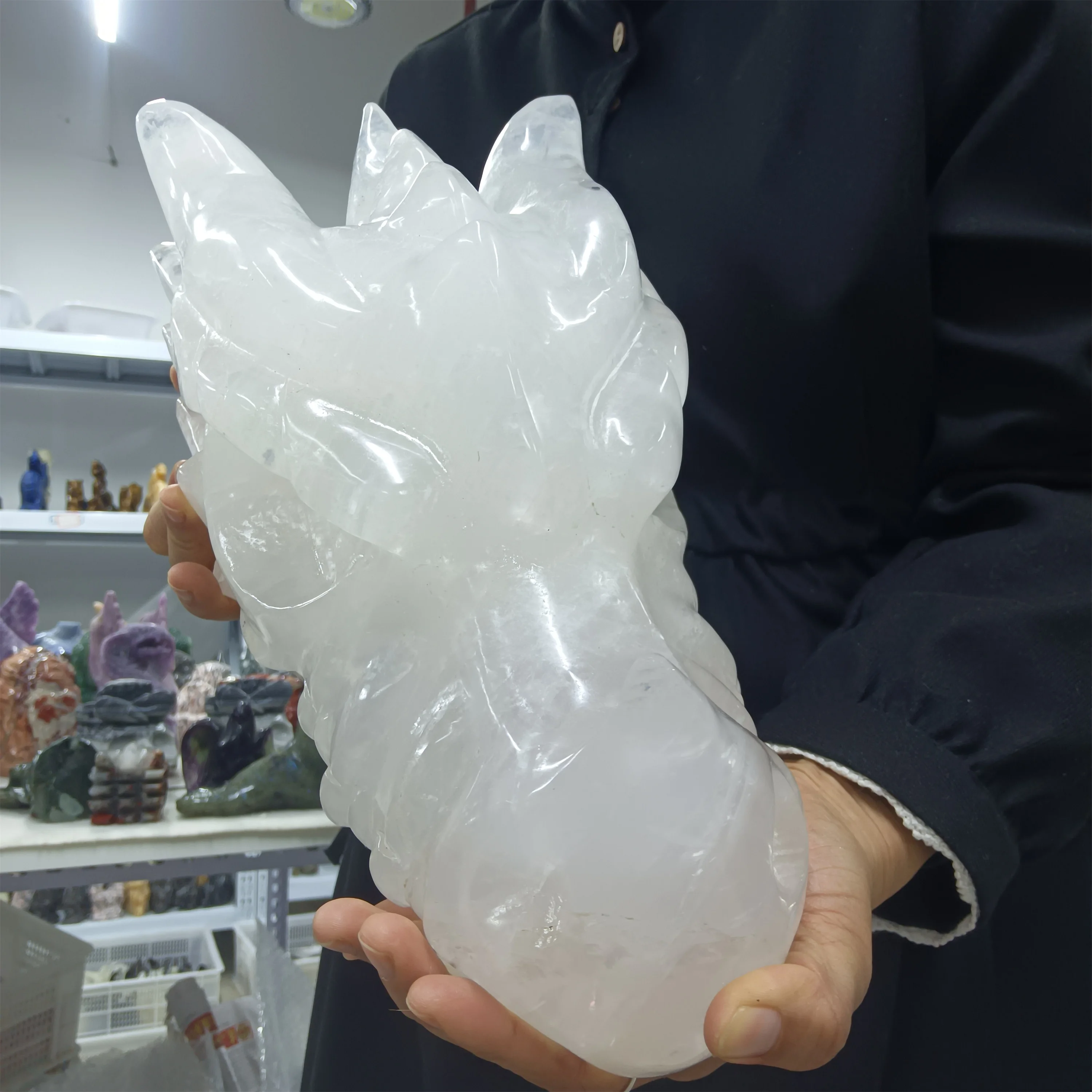 Natural White Quartz Dragon Head Bone Crystal Mineral Reiki Healing Wealth Demagnetization Decor