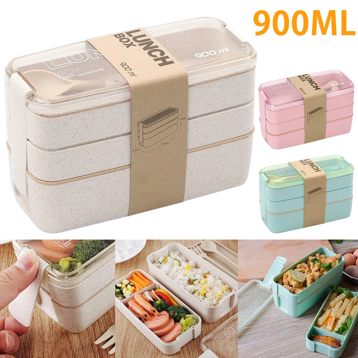 

900ml Microwave Lunch Box Wheat Straw Dinnerware Food Storage Container Kids School Office Portable Bento Box Kitchen Gadgets