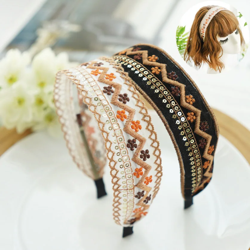 

Wide Ethnic Style Flower Embroidered Mesh Headbands Lace Bright Hairbands Hair Hoops for Women Girls Hair Accessories