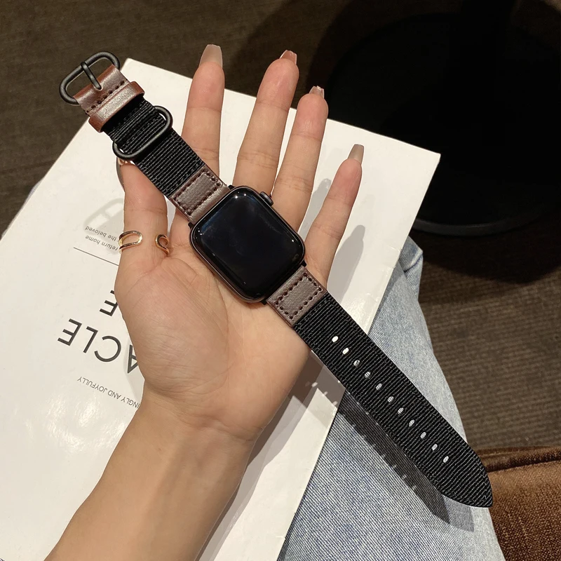 

Nylon leather strap for Apple watch band 44 40 38mm 42mm 41 45MM leisure men women sport bracelet for iWatch Series 7 6 SE 5 4 3