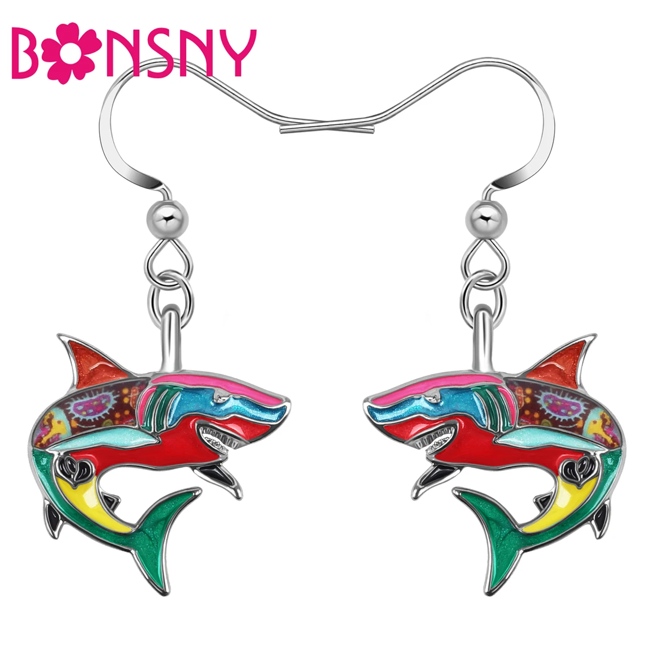 

Bonsny Enamel Alloy Floral Metal Shark Earrings Ocean Fish Dangle Drop Charms Fashion Accessories For Women Girls Teens Gifts