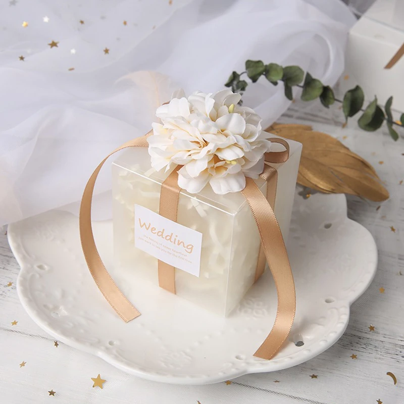 

10/20/30/50Pcs Wedding Gift Box For Guest Transparent Gift Wedding Bags Artificial Flower Ribbon Souvenirs Matte Dragees Baptism