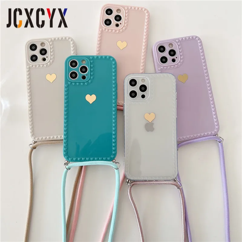 

Глянцевый мягкий чехол для телефона ожерелье шнур кросс-боди ремешок сердце для iPhone 13 Pro Max 12 11 MiNi XS XR X 8 7 Plus SE 20 чехол