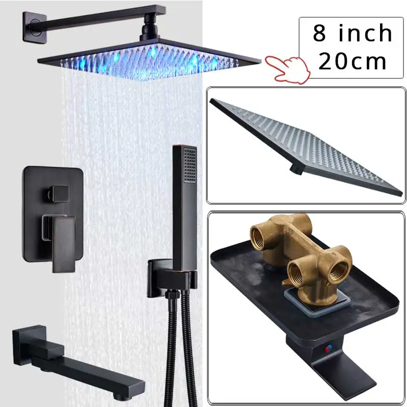 

LED Light Shower Faucet Wall Mounted Black Bronze Rainfall Shower Column Brass Rain Shower Head Embedded Box Control Valve