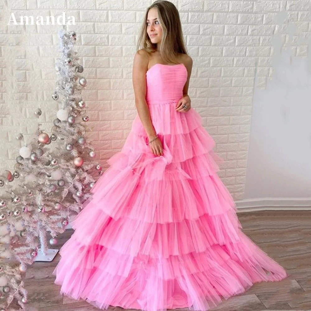 

Amanda Princess Strapless Prom Dress 2023 Tiered فستان سهرة Multilayer Formal Occasion Dresses Baby Pink Wedding Party Dress