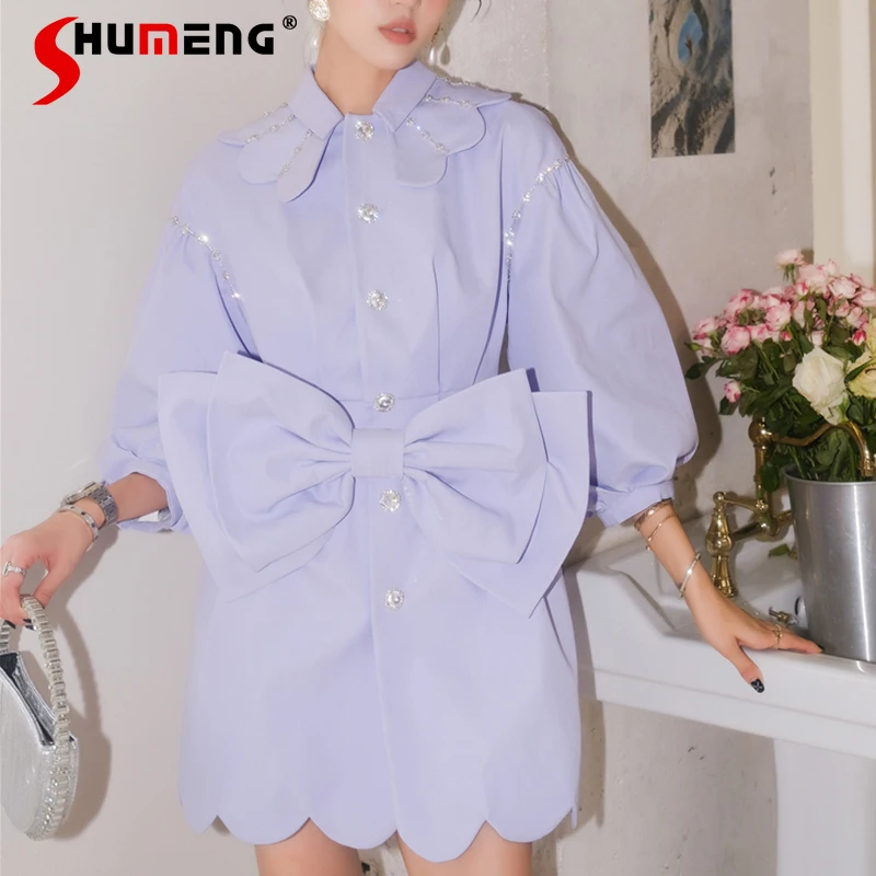 

Classic Style Bubble Sleeve Bow Diamond Slim Waist Shirt Dress Women's 2022 Spring New Fashion Elegant Beaded Ruffled Mini Dress