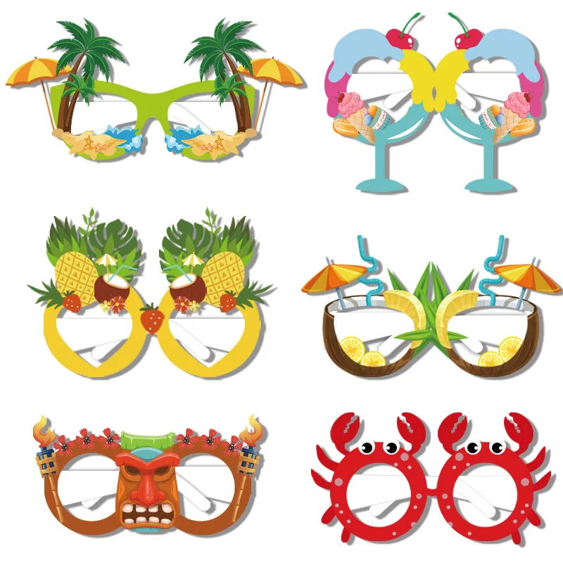 

12pcs Hawaii Aloha Theme Coconut tree Crab Fruit Paper glasses Mask Tropical Aloha Hawaiian Summer Birthday Party Decor Kid Gift