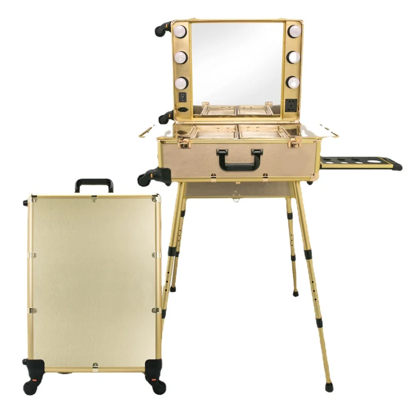 

factory Professional Aluminum 4 wheels Makeup Station Beauty Case Cosmetic Storage Box with mirror and light