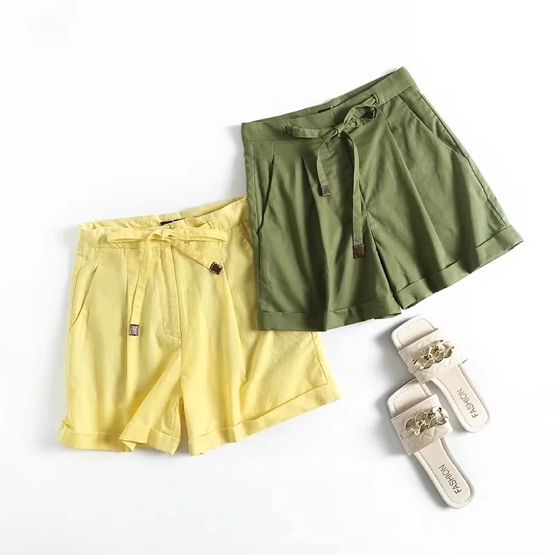 Elmsk 2023 Fashion Simple Cotton Shorts Pleated Casual Linen Sashes Bermuda Loose Shorts Women
