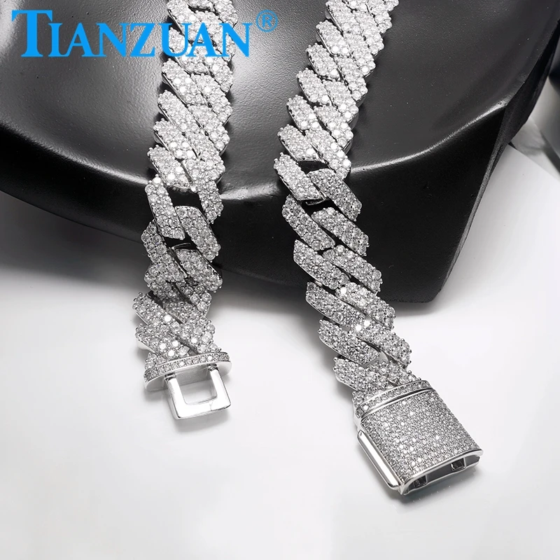New Trendy Cuban Hip Hop Iced out Bling Cuban Link Chain 925 silver Two Row Moissanite Paved  Cuban Necklace Jewelry