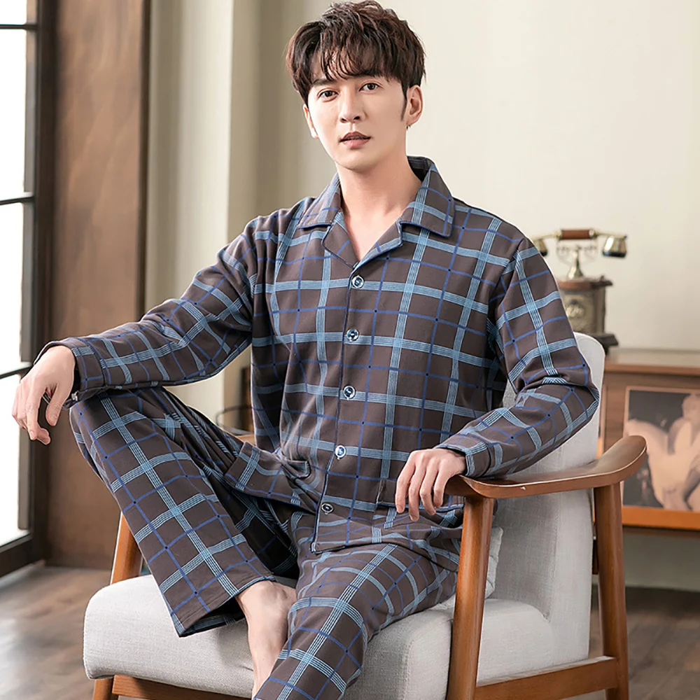 Spring Autumn 100% Cotton Pajamas for Men Casual Plaid Pajama Sets Plus Size Men 4XL Long Sleeve Sleepwear Comfortable Pijama