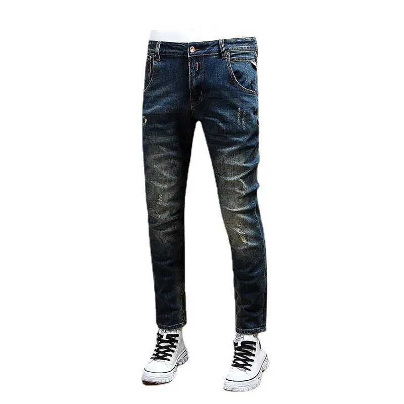 Italian Style Fashion Men Jeans Retro Blue Elastic Slim Fit Ripped Jeans Men Trousers Vintage Designer Casual Denim Pants Hombre