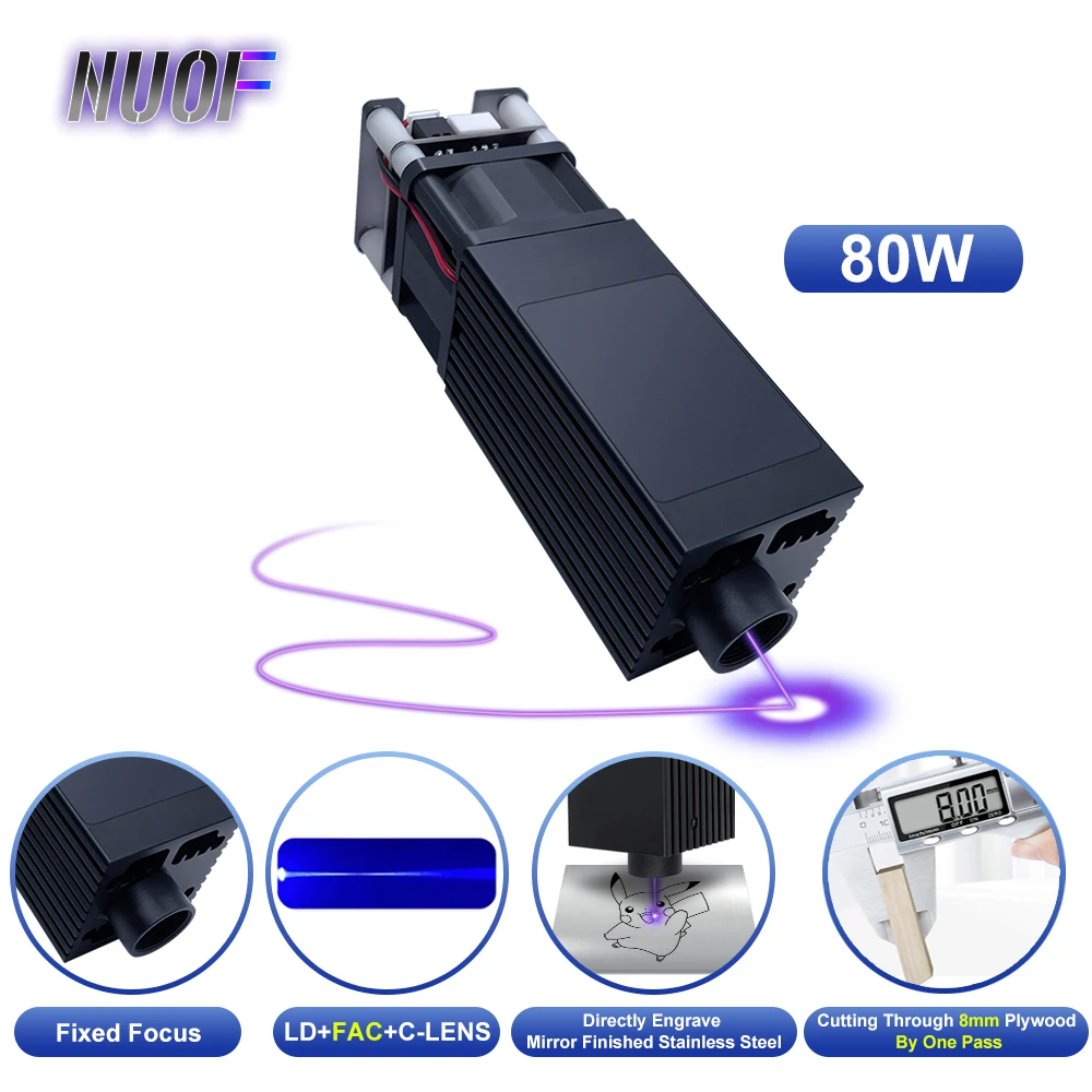 

NUOF 80W Laser Module TTL 450nm Laser Head Machine For Laser Engraver Fast Cutting Wood CNC Smarter Blue Light Wood Tools