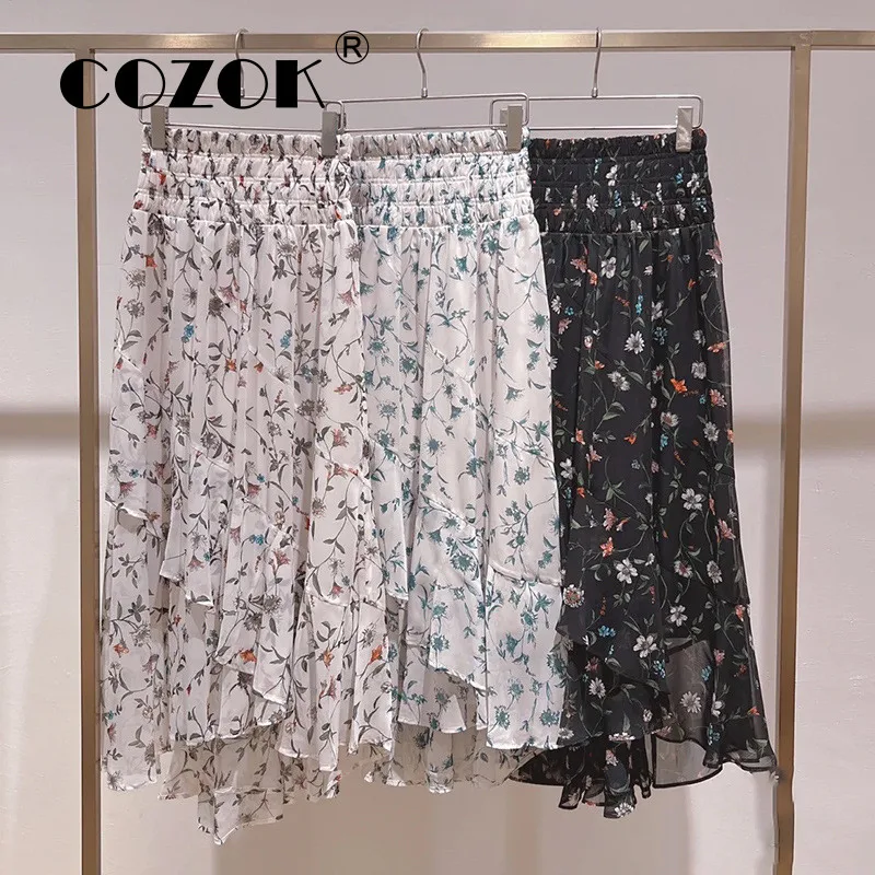 

Юбка Cozok шифоновая в японском стиле, с высокой талией, на шнуровке, с принтом, Ранняя осень 2022
