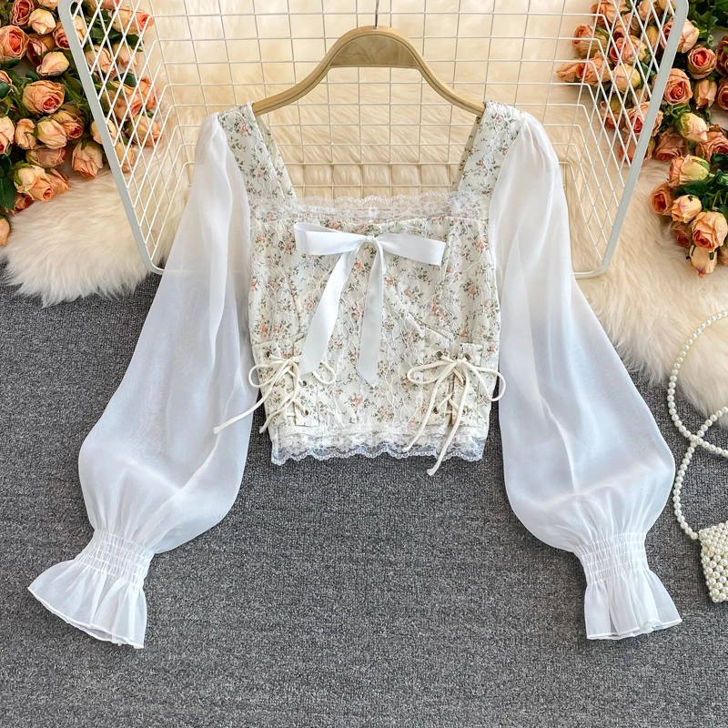 

Sweet Style Lace Women Blouse Summer 2022 Chiffon Patchwork Lantern Sleeved Short Bow Empired Female Pulls Outwear Tops