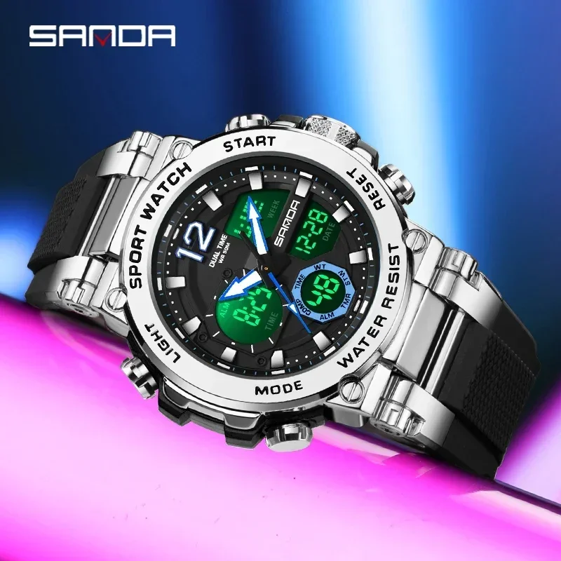 SANDA 6178 Новые мужские спортивные кварцевые электронные часы с большим циферблатом