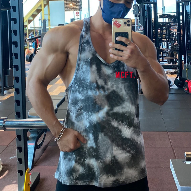 

New Summer Mesh Tank Top Men Fitness Gym Clothing Mens Bodybuilding Tops Print Workout U-neck Vests Sleeveless Shirts Fashion
