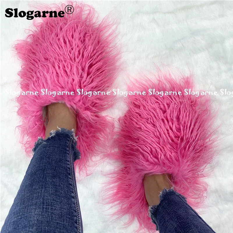 

Женские длинные меховые шлепанцы, зимняя плюшевая теплая обувь, сланцы из монгольского меха для улицы и дома, роскошные меховые Шлепанцы из искусственного меха для девочек