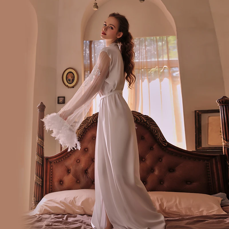 Women Long Silk Robe Bride Wedding Pajamas White Satin Lingerie Bathrobe Female Sexy Sleepwear Mesh Homewear Robes