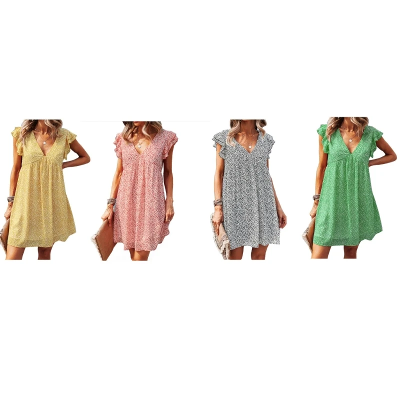 

Womens Chiffon Ruffle Short Sleeve V-Neck Floral Print Summer Beach Swing Dress Drop Shipping
