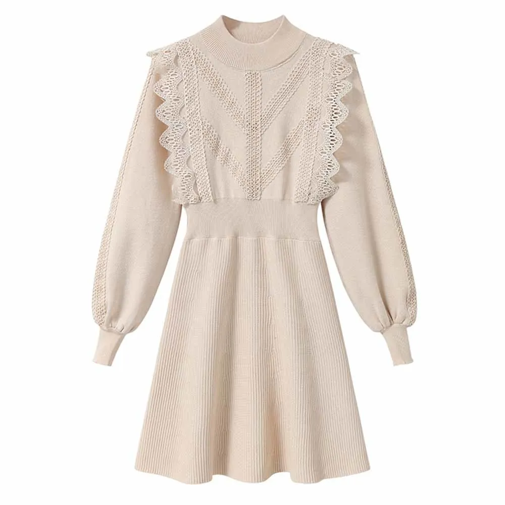Женское трикотажное мини-платье-свитер повседневное ТРАПЕЦИЕВИДНОЕ кружевное