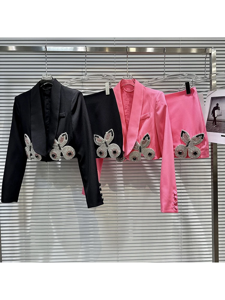 

Женский дизайнерский подиумный костюм, короткий Блейзер и юбка с роскошными бриллиантами и бусинами, 2023