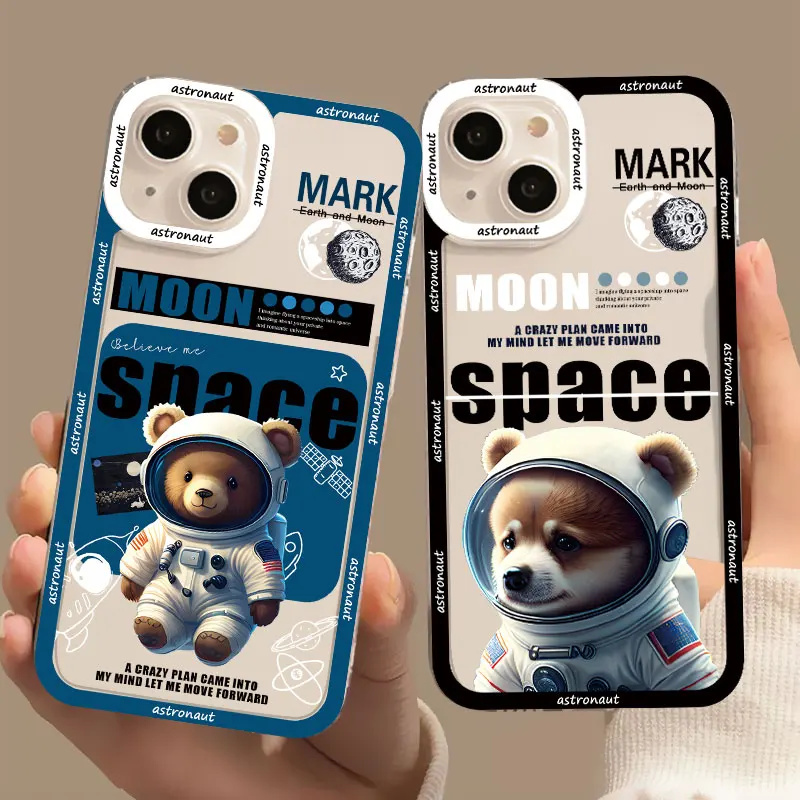 

Cute Cartoon Bear And Dog Astronaut Clear Phone Case For iPhone 14 13 12 11 Pro MAX 7 8 Plus SE2 X XS XR Transparent Back Cover
