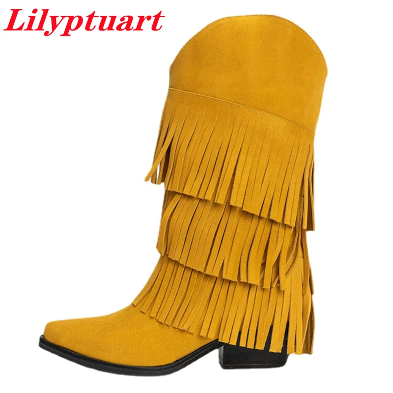 

LILYPTUART ZA Ankle Boots Fashion Retro Fringed Suede Western Cowboy Boots Shoes for Women 2022 Designer Luxury coturno feminino