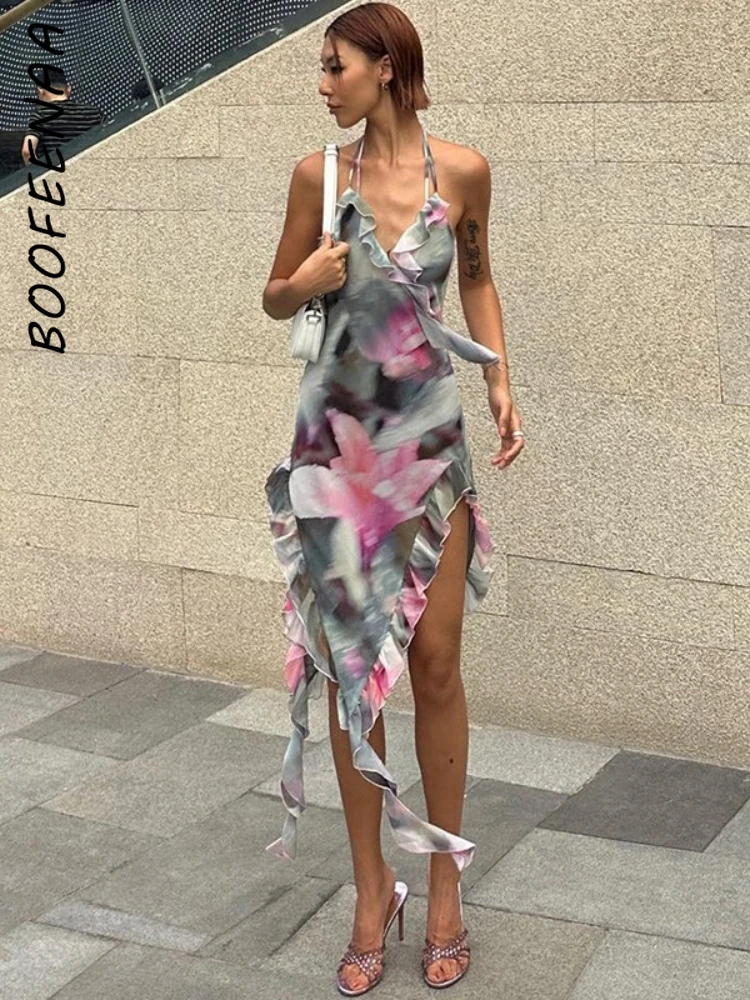 

Асимметричные Длинные платья BOOFEENAA с оборками и цветочным принтом, женская одежда для курорта, элегантное платье с открытой спиной и лямкой на шее C70CC19