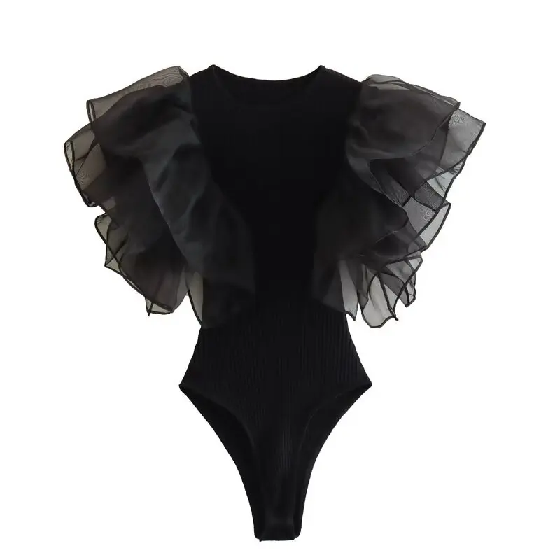 Женское Повседневное Черное Боди С Оборками Без Рукавов И Круглым Вырезом